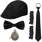 1920s Mens Costume Accessories Set, Roaring 20s Gangster Outfit Accessories with Hat Pocket Watch Bow Tie Armband