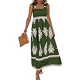 PRETTYGARDEN Womens Summer Boho Maxi Dress 2026 Casual Sleeveless Square Neck Floral Aline Smocked Beach Dresses with Pockets