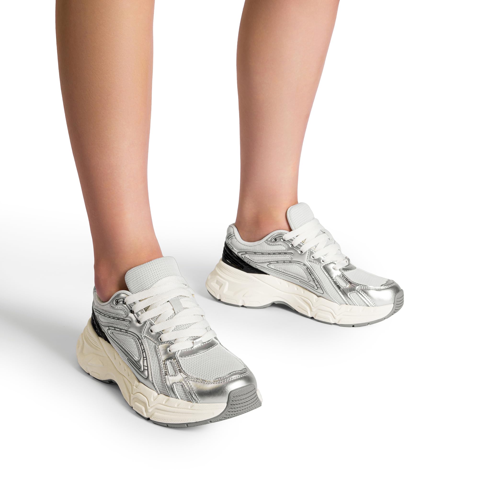 DREAM PAIRS Women's Platform Chunky Liv Fashion Sneakers Walking Lace-Up Comfortable Y2K-Style Sneakers Workout Sport Work Casual Tennis Shoes,Size 8,Silver,SDFN2436W - Image 6