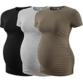 Liu & Qu Womens Maternity Shirts Ribbed Short Sleeve Maternity Tops Casual Crew Neck Side Ruched Pregnancy Clothes 3 Pack