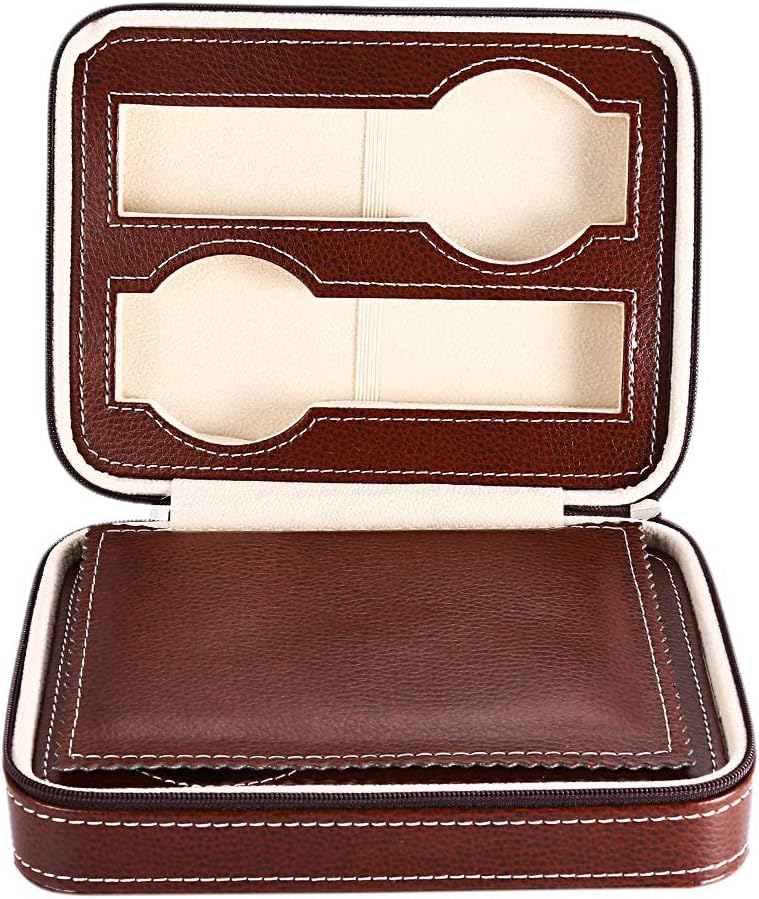 Black Zippered Watches Box Travel Case - Watch Organizer Collection - PU Leather (Coffee-4 Slots)