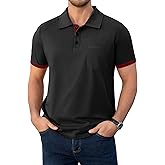 LuxMania Men's Casual Polo Shirts Short Sleeve Contrast Cuff Summer Collared Buttoned Polos T-Shirt with Pocket