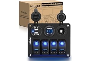 Nilight - 90117G 4 Gang Rocker Switch Panel Waterproof Pre-Wired Aluminum Switch Panel with Dual USB Cigarette Lighter Socket Voltmeter12V-24V DC ON Off Switch Panel for Cars Rvs Trucks, Blue
