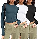 AUTOMET 3-Pack Women's Long Sleeve Crop Tops - Basic Fitted T-Shirts Set