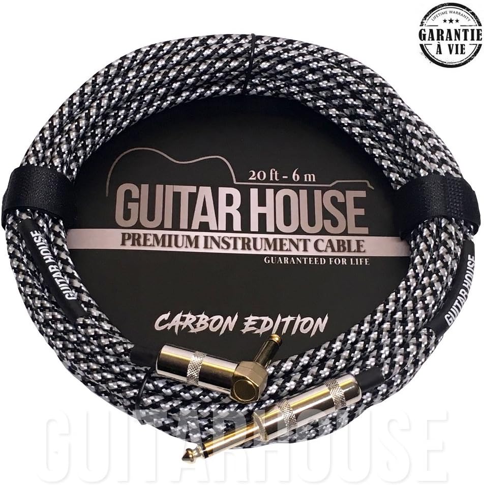 GUITARHOUSE Guitar and Instrument Cable 6M Gold Plated Connectors 20FT High Quality Braided Nylon Cable - CARBON EDITION