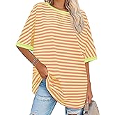 Tankaneo Womens Oversized Striped Tee Shirt Summer Casual Color Block Half Sleeve Crew Neck Tunic Tops