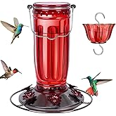 Kingsyard Glass Hummingbird Feeder for Outdoors Wild Bird Feeder with 6 Feeding Ports Hanging for Garden Yard, Red (Ant Moat Included)