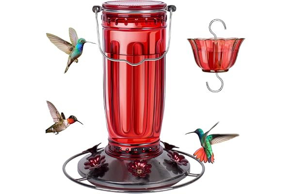 Kingsyard Glass Hummingbird Feeder for Outdoors Wild Bird Feeder with 6 Feeding Ports Hanging for Garden Yard, Red (Ant Moat