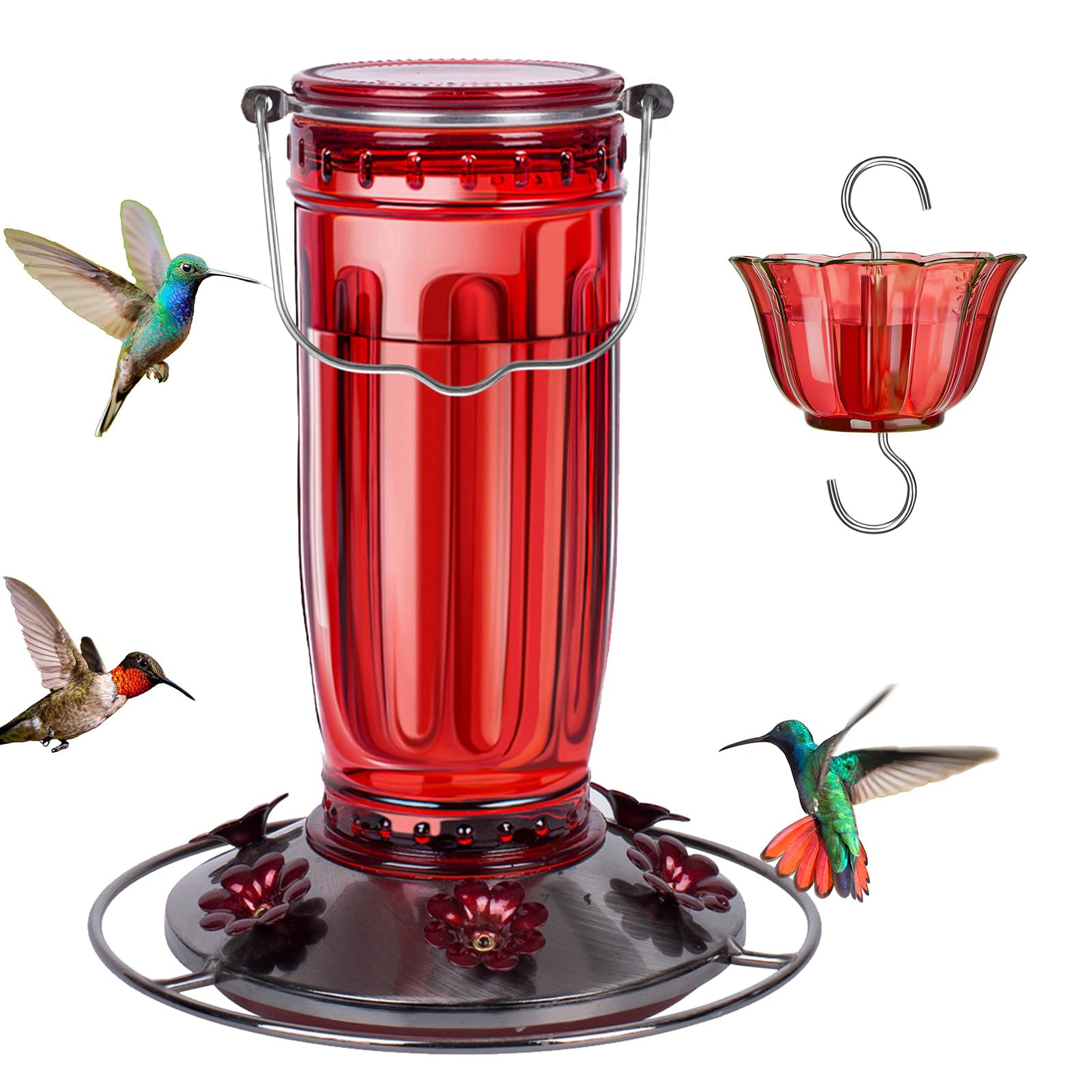 Photo 1 of Kingsyard Glass Hummingbird Feeder for Outdoors Wild Bird Feeder with 6 Feeding Ports Hanging for Garden Yard, Red (Ant Moat Included)