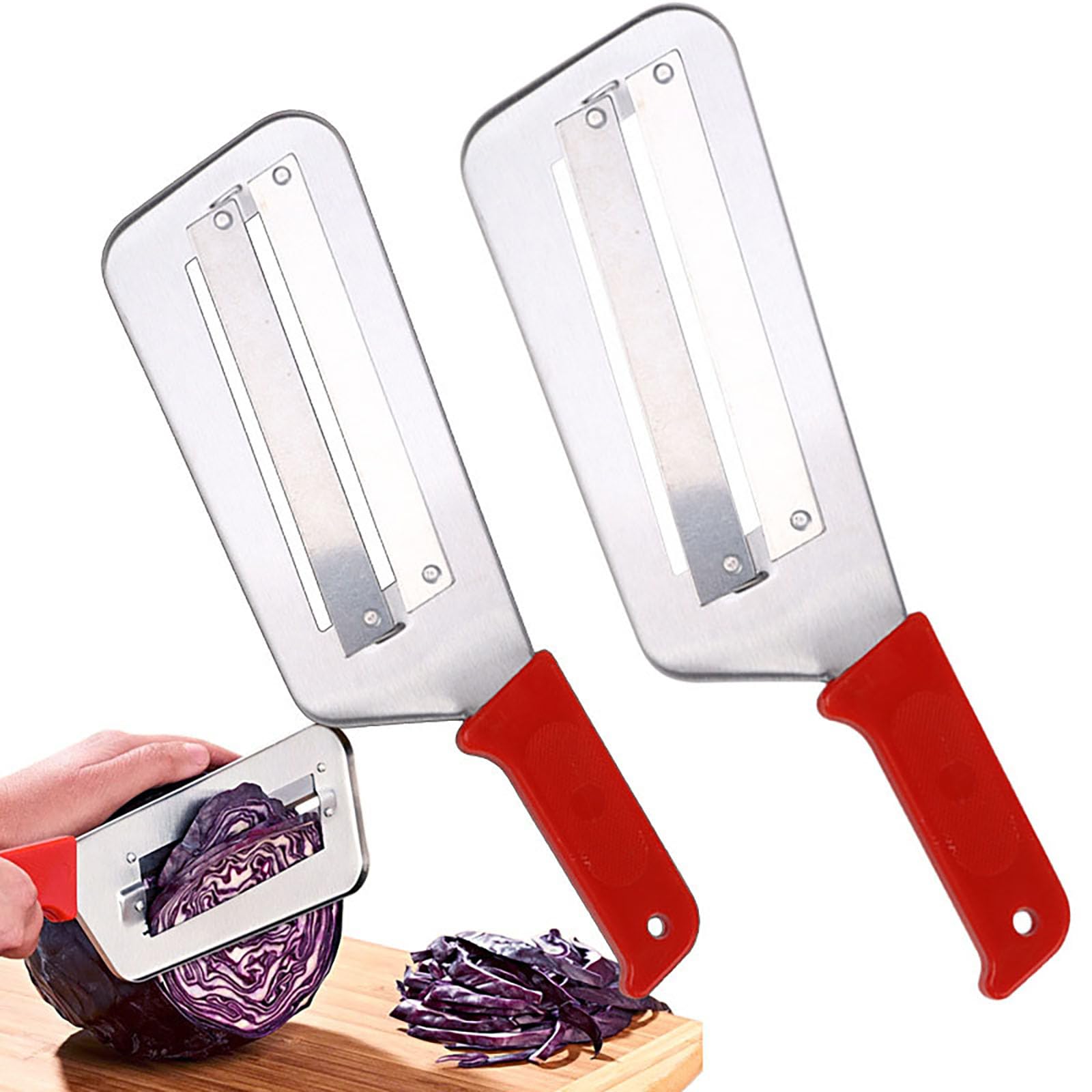Photo 1 of 2 Pcs Cabbage Chopper Shredder - Stainless Steel Kitchen Knife for Slicing, Grating & Shredding - Perfect for Sauerkraut, Coleslaw, Vegetables - Sharp Blades, Easy to Clean & Durable (2 Pcs Red)