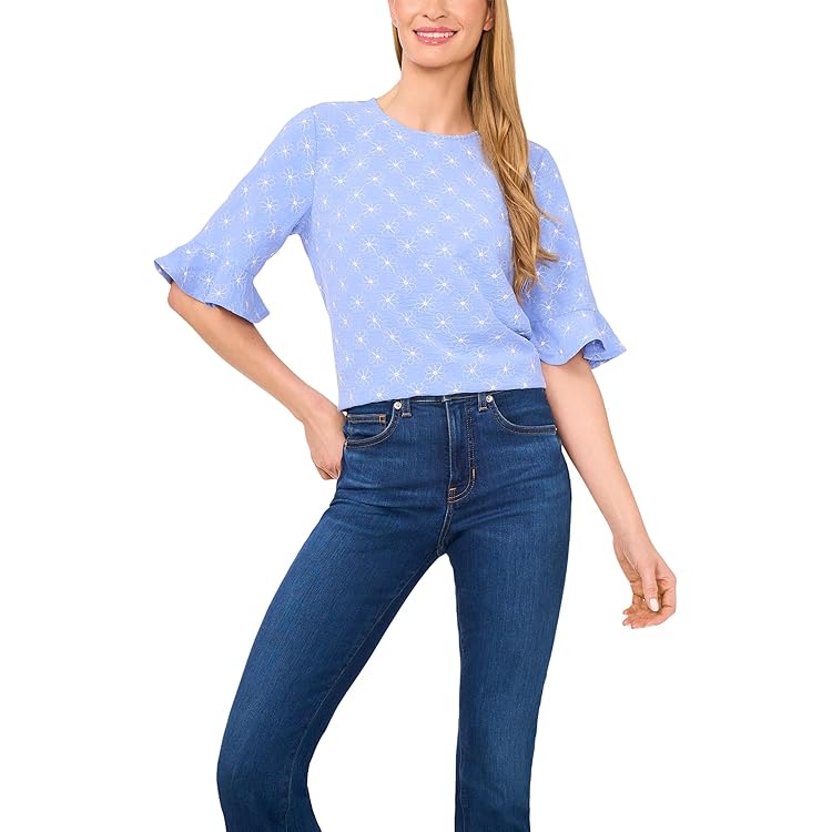 CeCe, Women's, Ruffle Cuff Crew Neck Blouse, Bright Rose, Small at