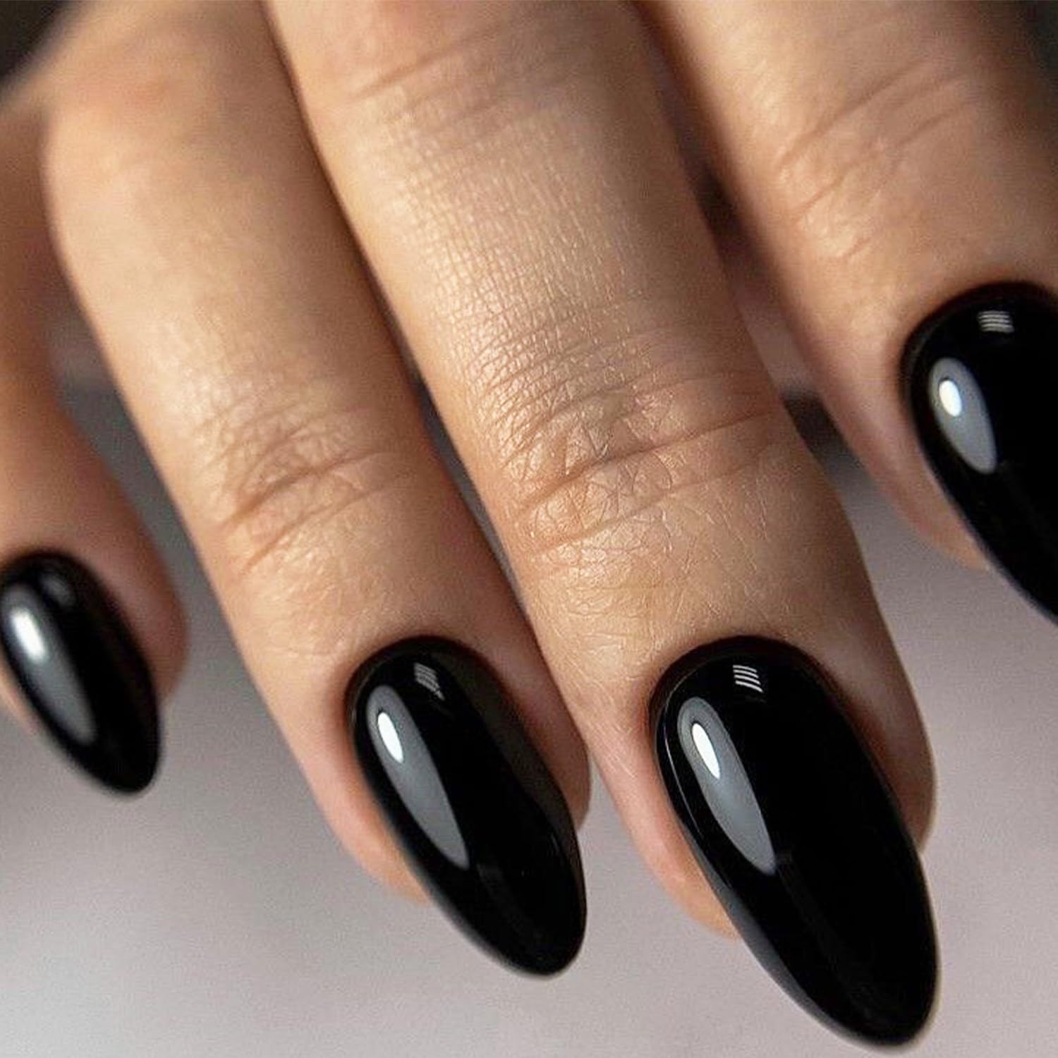 GLAMERMAID Black Press on Nails Medium Almond, Neutral Jelly Gel Glossy Emo Fake Nails Stiletto, Pure Dark Short Oval Stick Glue on Nails Tip for Women, Reusable Acrylic Daily False Nail Manicure Kit