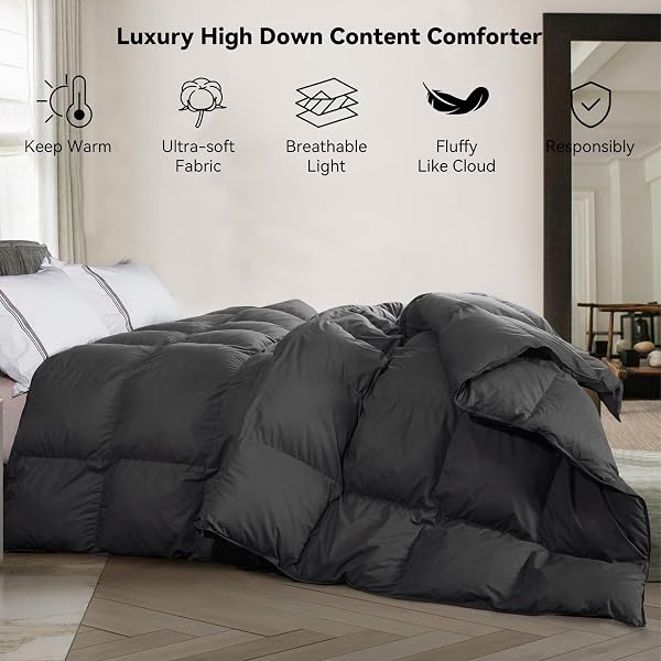 SNOWMAN PREMIUM DOWN COMFORTER QUEEN SIZE, LUXURIOUS ALL SEASON DUVET INSERT WITH COTTON BLENDED FABRIC, 3D BAFFLE BOX DESIGN HOTEL BEDDING COMFORTER (DARK GREY,90″X90″)