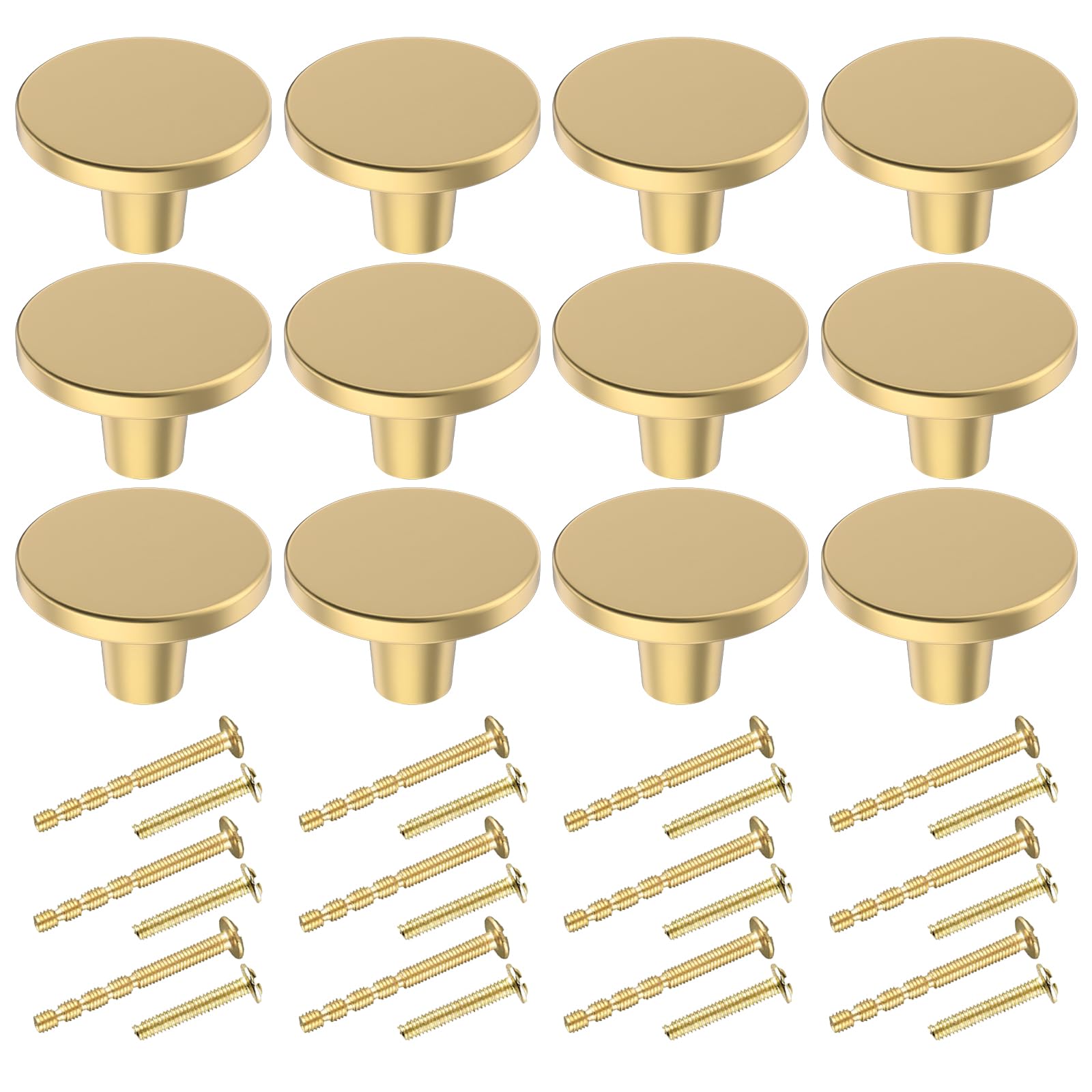 BIGLUFU 12 Pcs Brass Drawer Knobs, 1.18"/30mm Round Kitchen Cabinet Knobs, Furniture Door Handles Cupboard Pulls with Screws, Brushed Finish (Gold)
