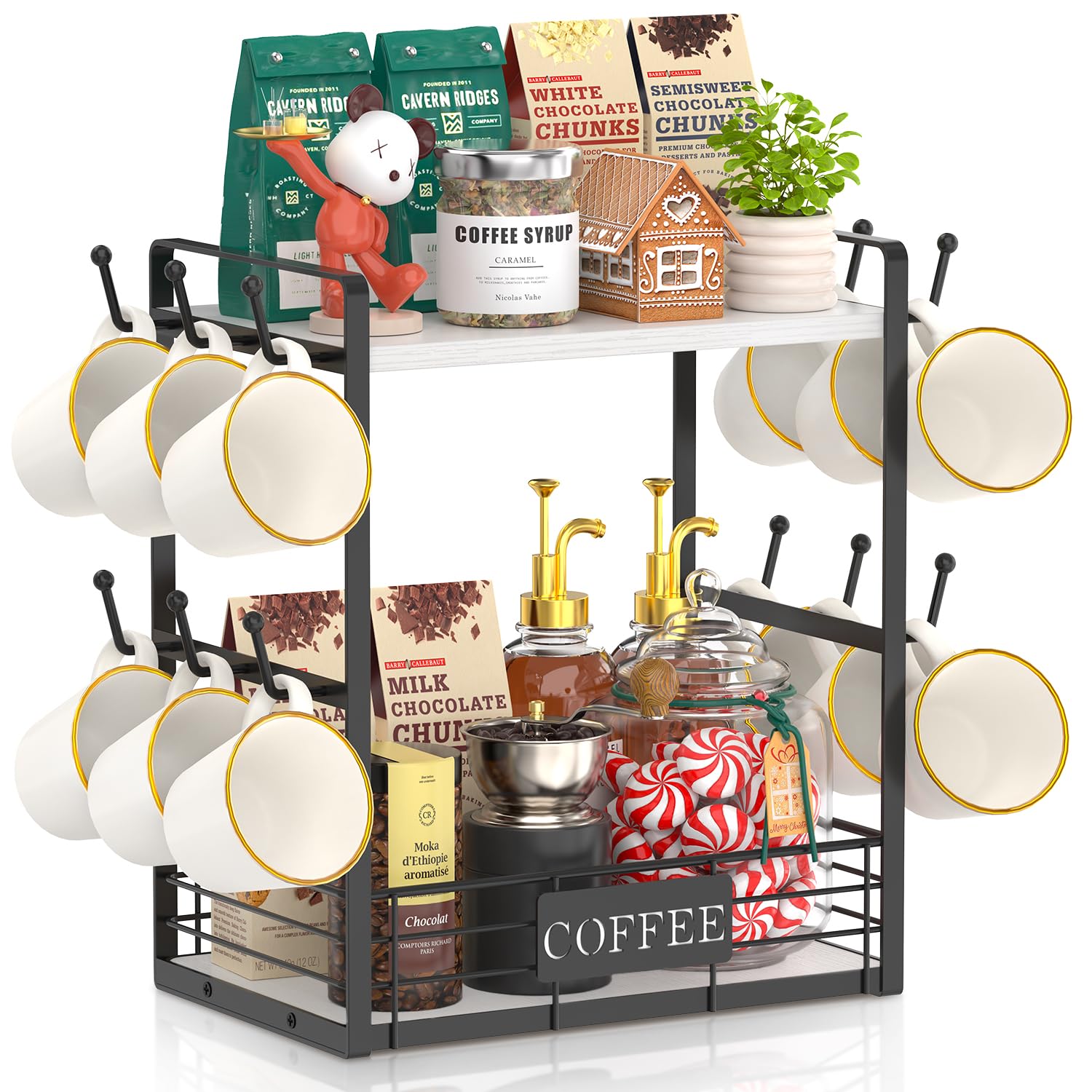 Photo 1 of EsLuker.ly Coffee Mug Cup Holder Tree Bar Station Organizer, 2 Tier Mug Stand Rack for Countertop Kitchen, Storage Tower Display Shelf with 12 Hooks, Coffee Nook Enhancer, White-Black