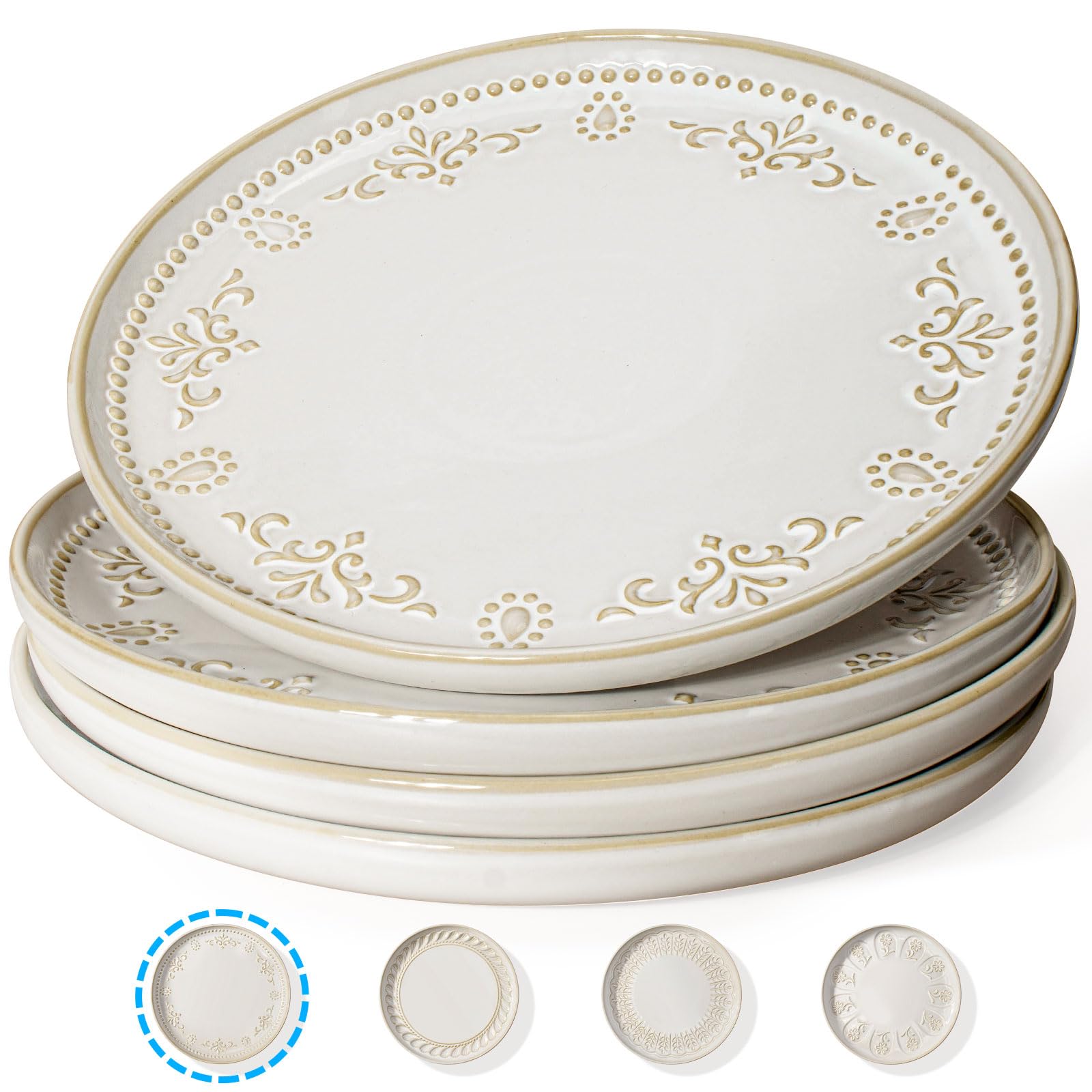 Photo 1 of Artena Large Ceramic Dinner Plates Set Of 4, 10.75 Inch Embossed Kitchen Salad Plates, Modern Serving Plates For Restaurant, Plates With Lipped Edges, Microwave Dishwasher Safe (Damask Floral)