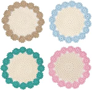 kilofly Crochet Cotton Lace Table Placemats Doilies Pack, 4pc, 4 Mixed Color, 7 inch