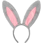 Bunny Ears Headband - Furry Rabbit Ear Costume Accessories for Halloween, Easter, Cosplay & Party (White/Gray)