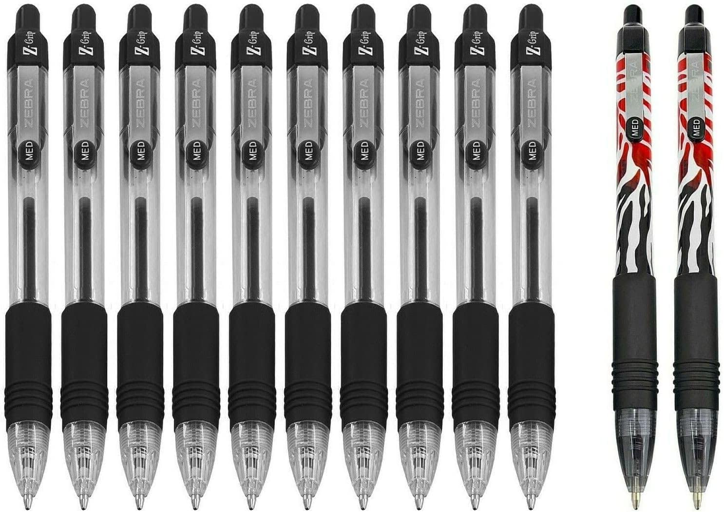 Zebra Z-Grip Retractable Ballpoint Pen - Black Ink - Pack of 10 + 2 Red Flame
