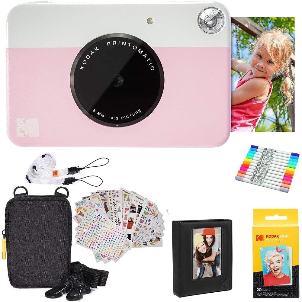 KODAK Printomatic Instant Camera Pink Gift Bundle with Zink Paper 20 Sheets Case