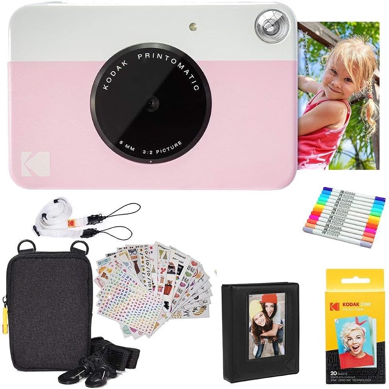 KODAK Printomatic Instant Camera Pink Gift Bundle with Zink Paper 20 Sheets Case