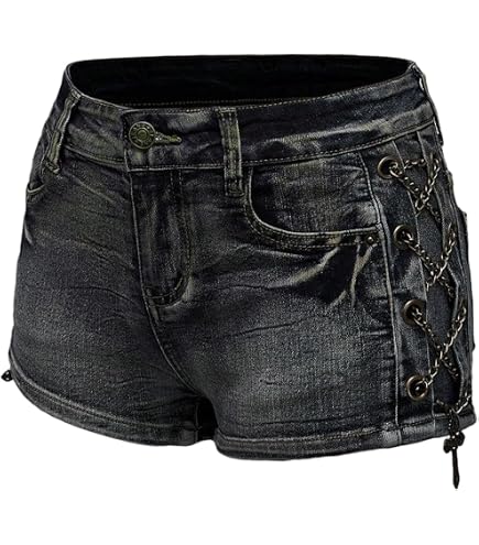 WDIRARA Women's Fuzzy Low Rise Denim Shorts Lace Up Vintage Mini