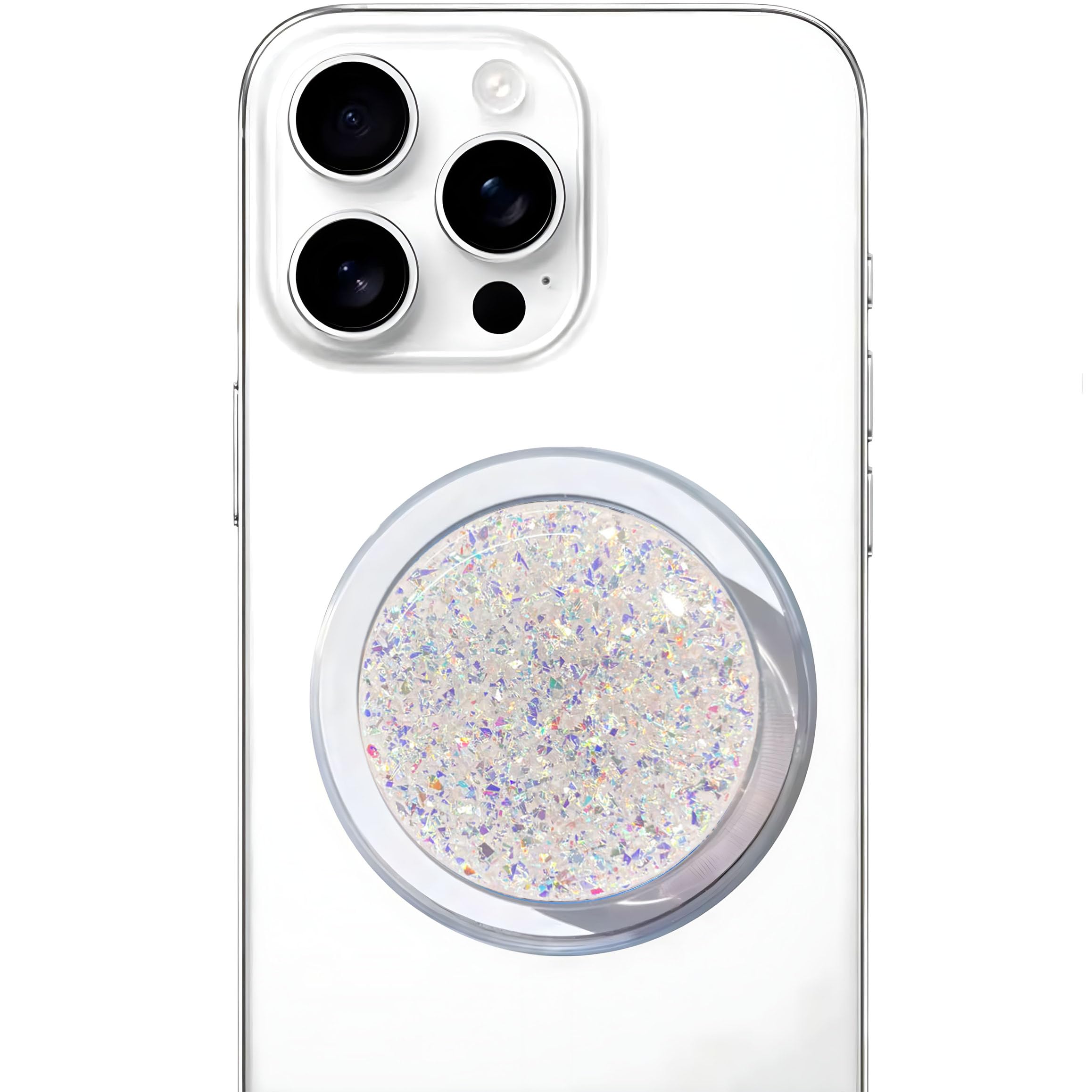 Magnetic Phone Handle Compatible with Phones, Foldable Phone Grip Stand for Smart Phones, Tablet Computers and Mobile Phone Accessories - Transparent Glitter Resin Powder Silver