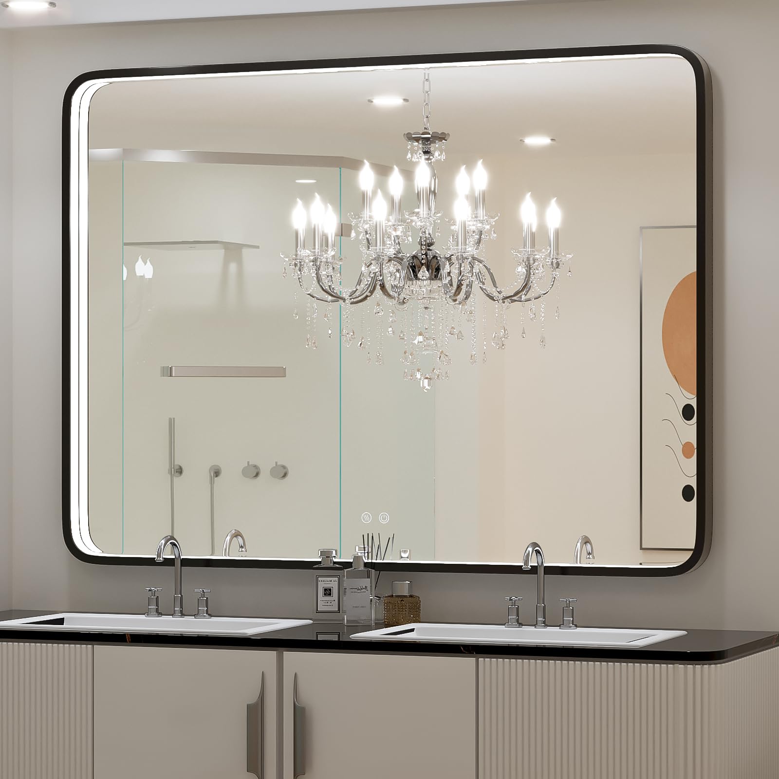 Photo 1 of FTOTI 48x36 Inch LED Bathroom Mirror with Lights, Vanity Lighted Black Framed Mirror Anti Fog Stepless Dimmable,Wall Mounted Light up Mirror (Horizontal/Vertical)