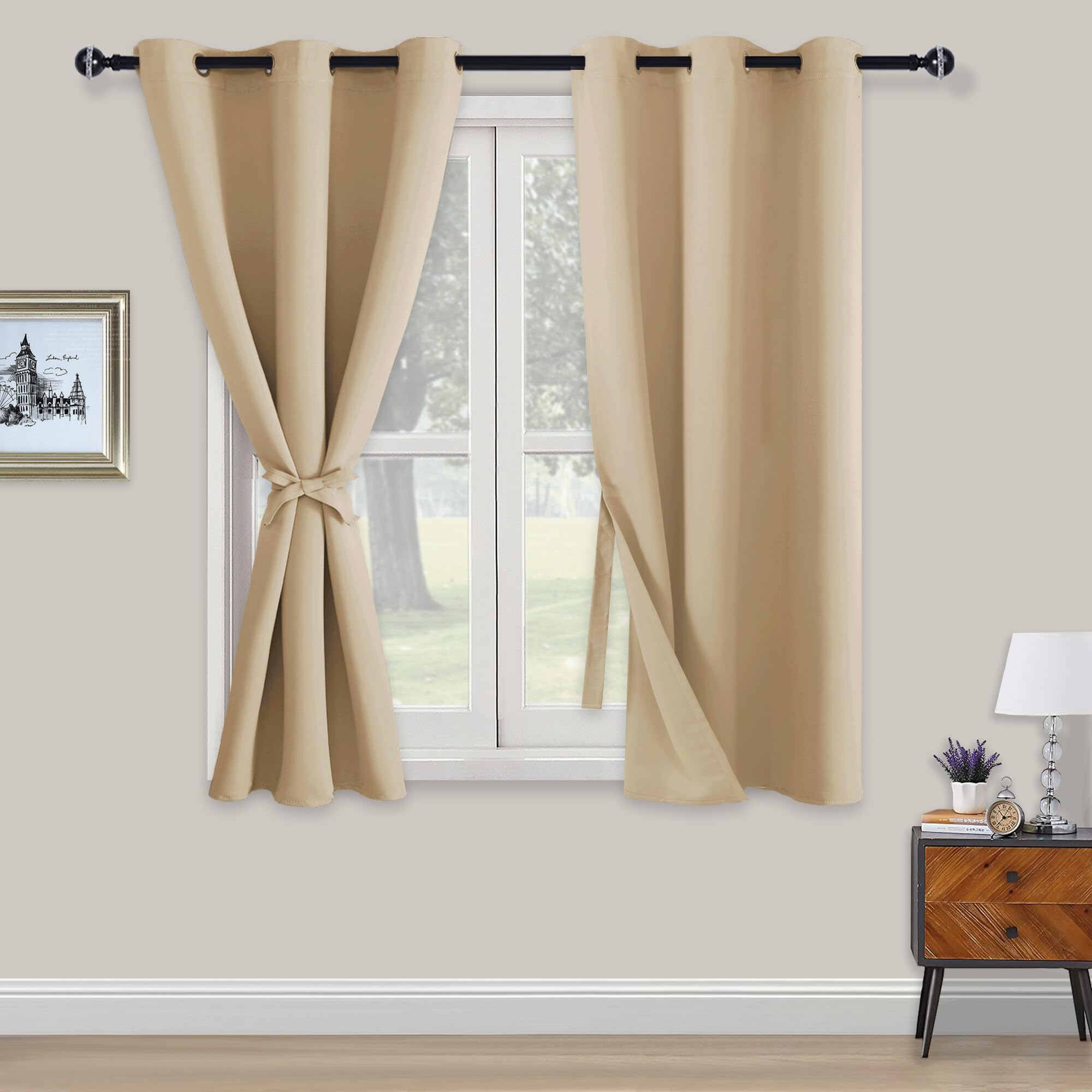 XWZO Blackout Curtains Shades Window Curtain Panels with Tiebacks- Noise Reduction and Thermal Insulated Eyelet Curtains for Bedroom,Living Room,Office,Study Room Beige W46xL54