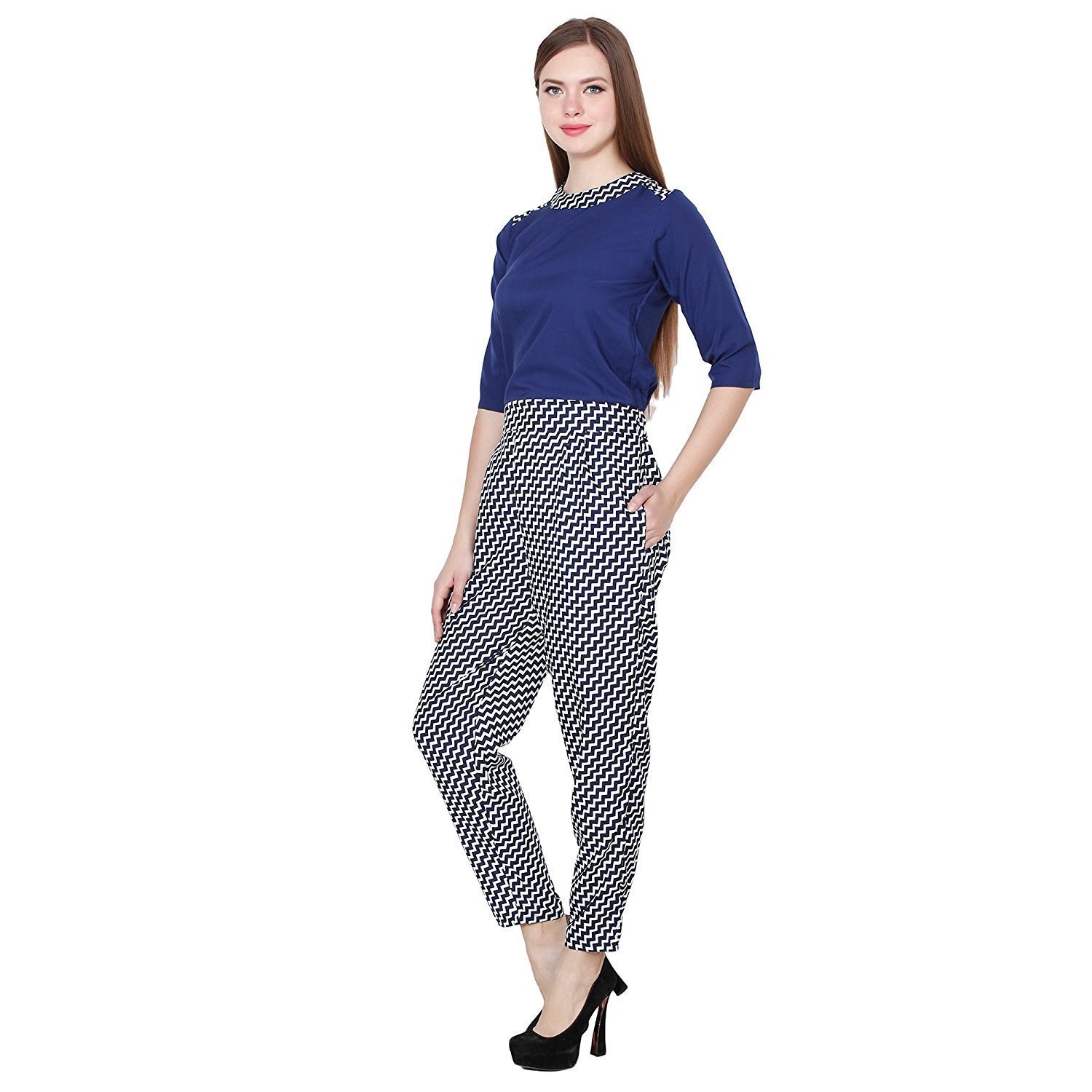 my swag women's blue and white high neck crepe jumpsuit