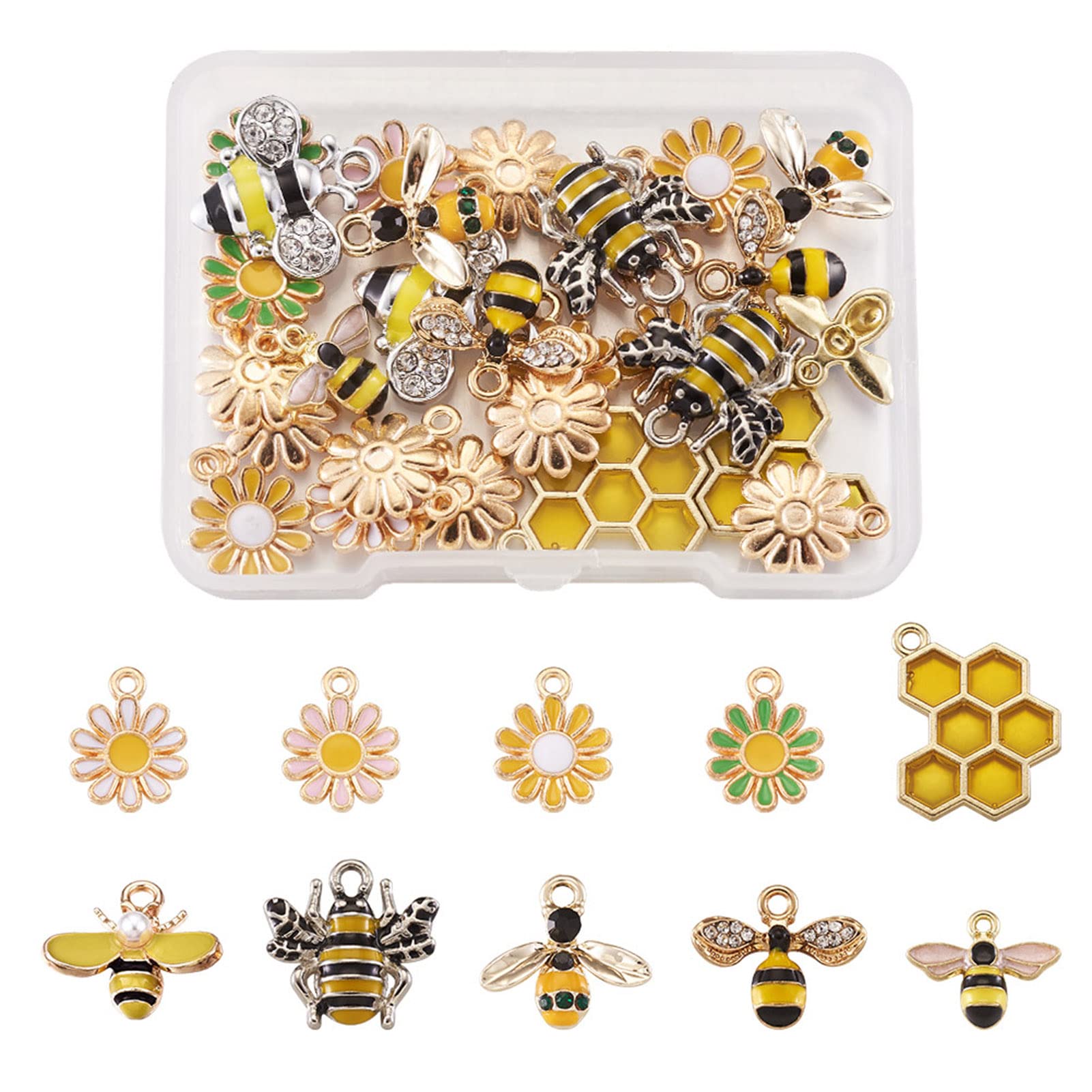 Cheriswelry 28pcs Enamel Bee Daisy Flower Pendants 10 Styles for Jewelry Crafts Making Hole: 1.2-2mm
