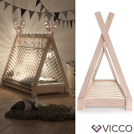 Vicco Kinderbett Tipi Kinderhaus Indianer Zelt Bett Kinder Holz Haus Schlafen Spielbett Hausbett 70x140 (Natur)