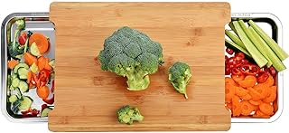 Premium Schneidebrett aus Bio Bambus von Harcas. Mit 2 großen Auffangschalen aus Edelstahl. 42cm x 30cm x 4cm. Am besten für Gemüse, Obst und Käse. Professionell, langlebig und widerstandsfähig