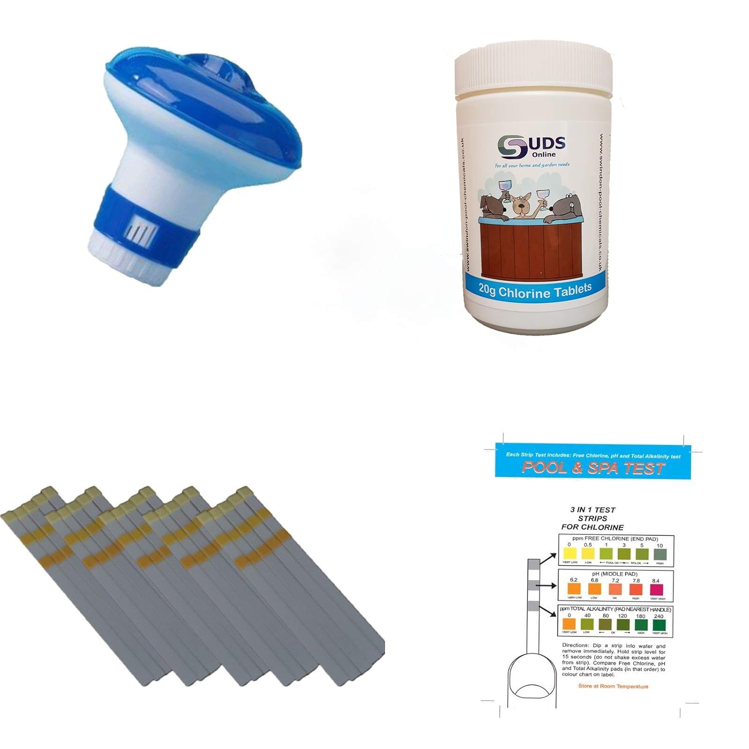 Suds Online 1kg Chlorine Tablets 50 Test Strips Dispenser Hot Tub Starter Kit