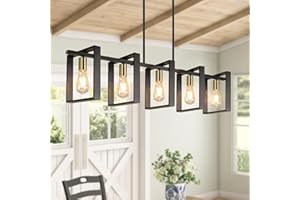 BRIGHTEVER 5-Light Black Gold Dining Room Light Fixture, 53’’ Farmhouse Wood Chandelier Kitchen Island Lighting Over Table, Modern Black Rectangular Hanging Pendant Light Fixture for Living Room, E26 Sockets