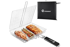 JY COOKMENT Grill Basket Stainless Steel with Portable Removable Handle, Grilling Basket-BBQ Accessories for Vegetable, Shrimp, Fish, Steak and Outdoor Use-Dishwasher Safe