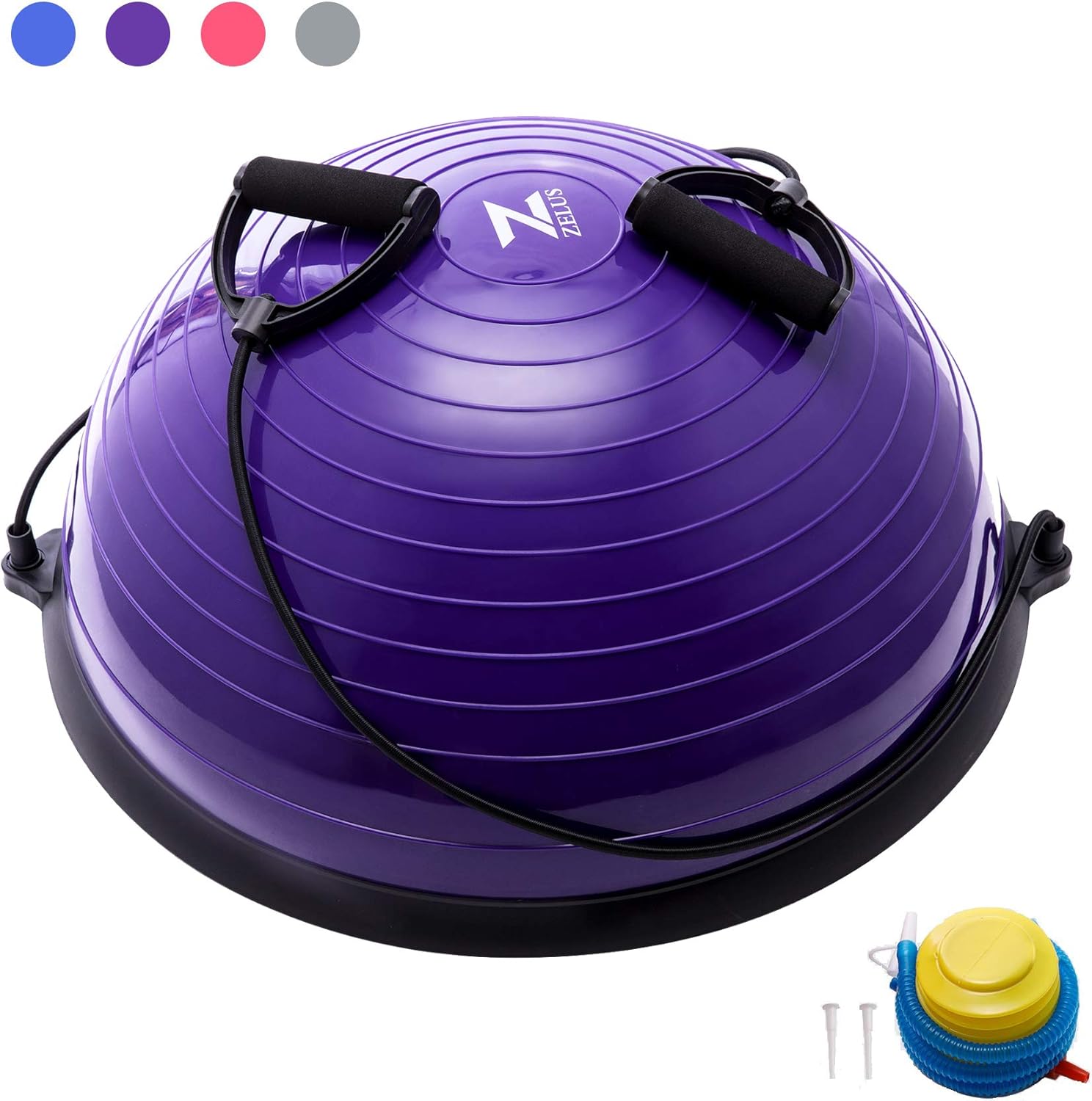 Z ZELUS Balance Ball Trainer Half Yoga Exercise Ball with Resistance Bands and Foot Pump for Yoga Fitness Home Gym Workout (Purple) : Sports & Outdoors
