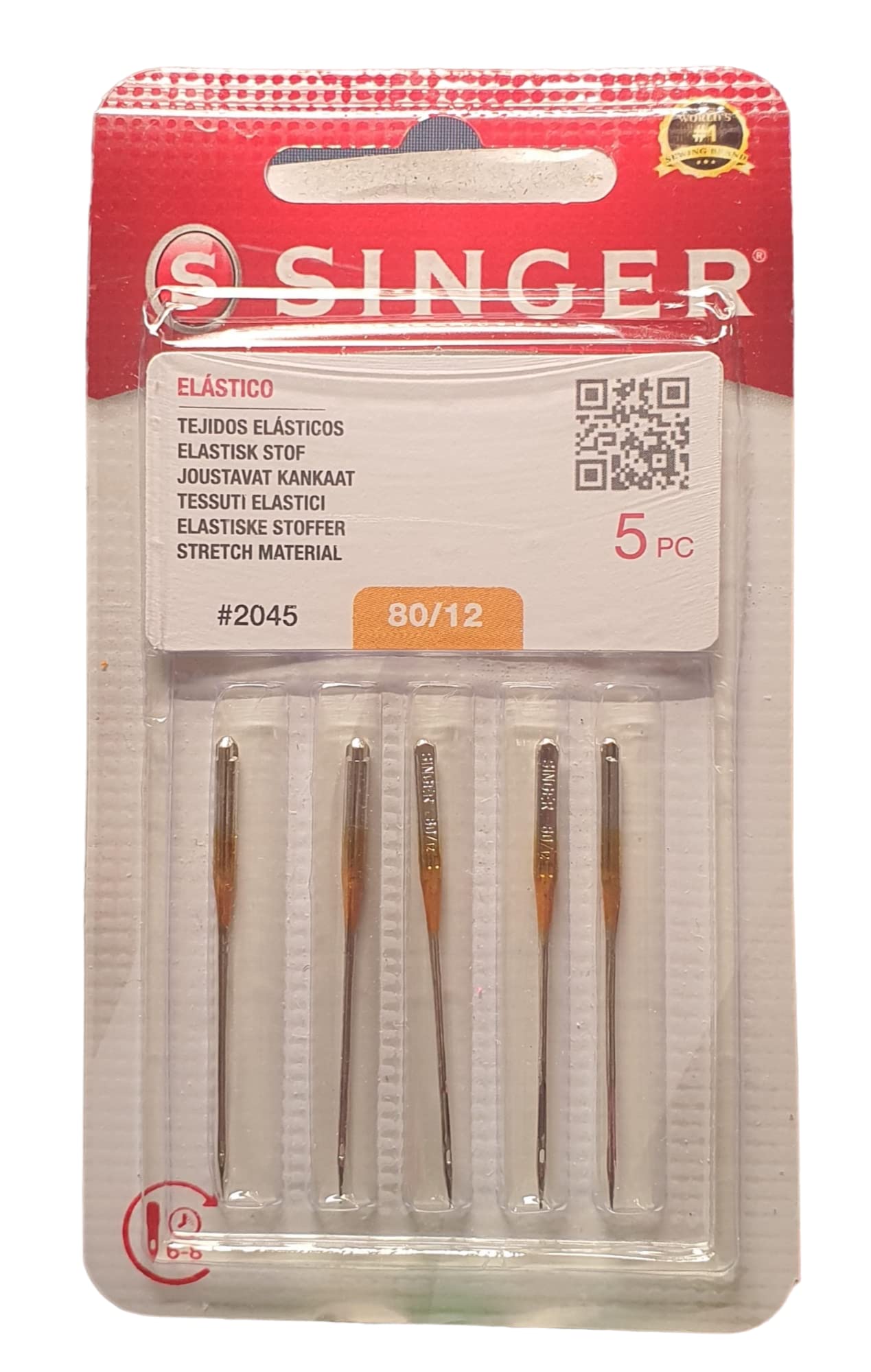 Pack of 10 Needles for Sewing Machines Singer 2045 Thickness 80/12 for Elastic and Knitted Fabrics (Stretch) 130/705 H-S (Flat on One Side) Universal
