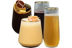 OOJAMI 48 Pack Ribbed Origami Ripple Plastic Glasses, 24 9 Ounce Stemless Champagne Flutes & 24 12 Ounce Cups, BPA-Free Disposable Shatterproof Toasting Glasses for Weddings, Bars, and Events (Gold Rim)