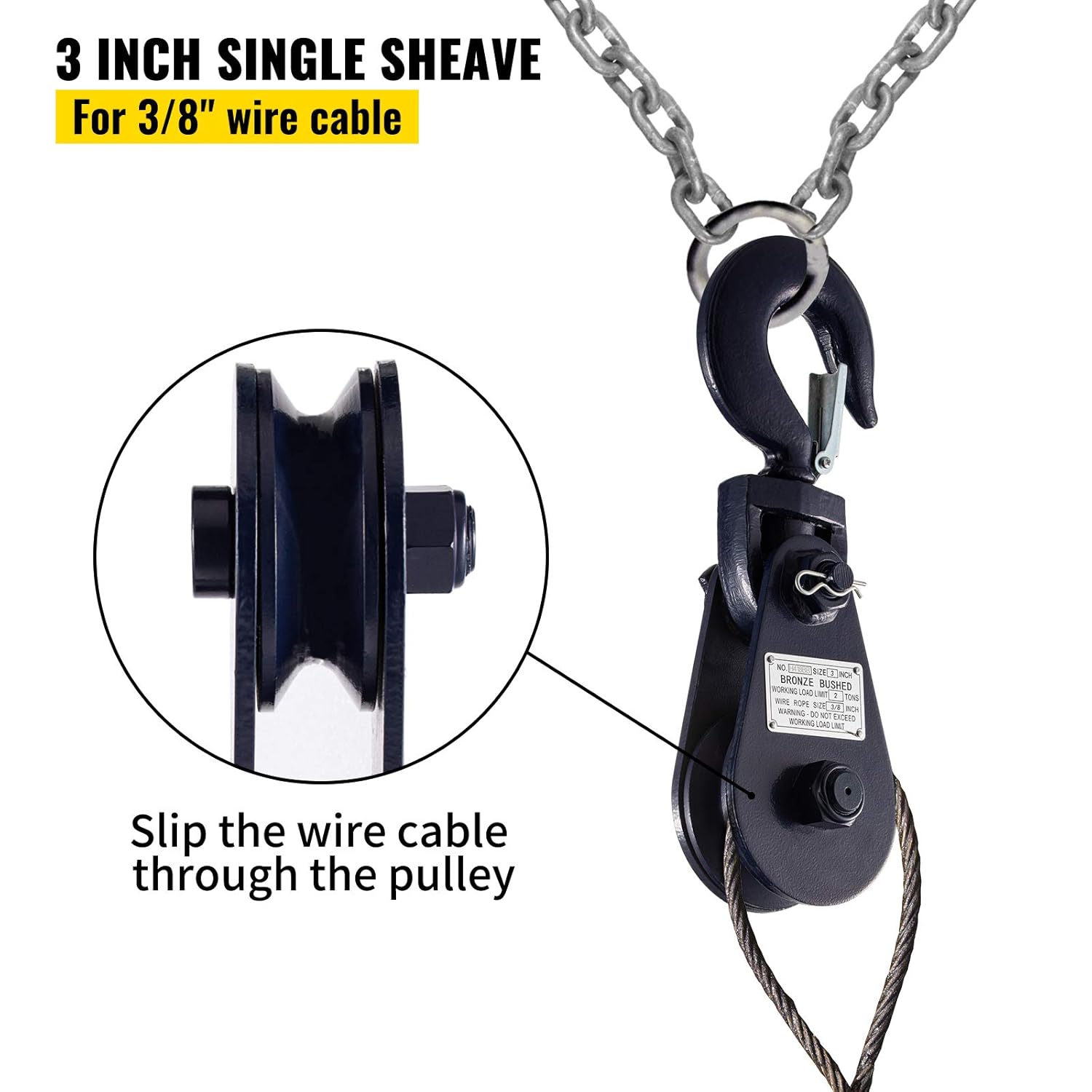 VEVOR 2ton Snatch Block with Hook, 4400 lbs Capacity Snatch Rigging Blocks, 3'' Single Sheave Block with Swivel Hook and Latch, Heavy Duty Fitting 3/8'' Wire Rope for Wrecker, Roll Back, Recovery: Industrial & Scientific