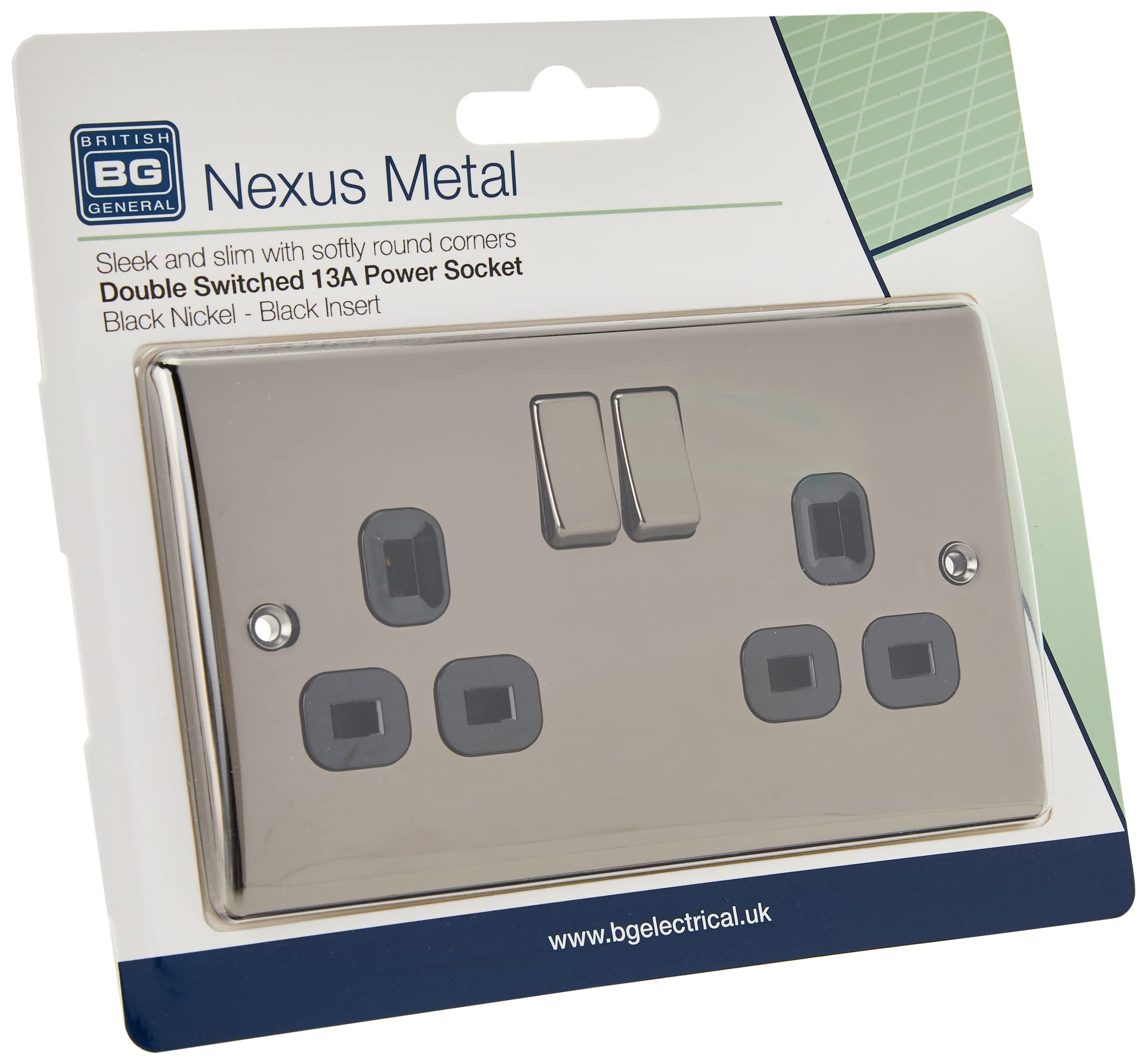 BG Electrical 2 x Nexus Metal 2 Gang 13A Switched Socket Black Nickel