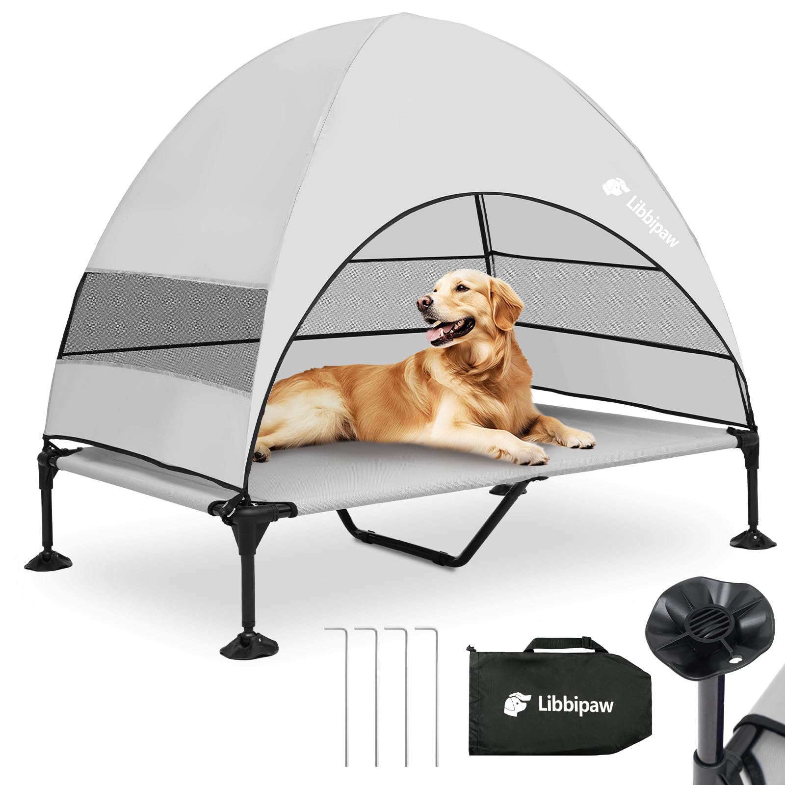 Photo 1 of ***EXTREMELY DIRTY/ UNTESTED/ UNKNOWN MISSING ASSEMBLY PIECES*** Libbipaw Windproof Elevated Dog Bed with Canopy & Stakes, 3-Sided 90% UV Block, Chew-Proof Teslin Mesh Mat for Large Dogs up to 150lbs(Grey X-Large)