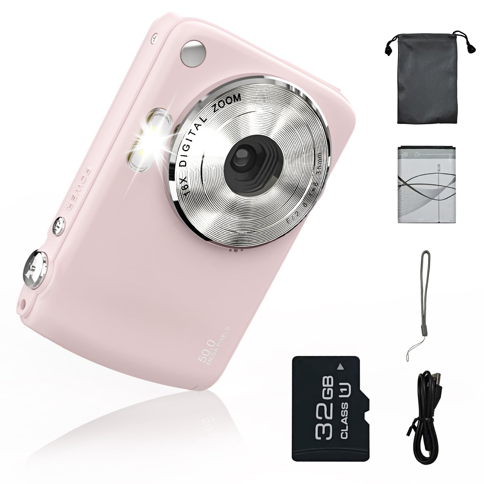 Digital Camera for 50MP FHD 1080P, Digital Point and Shoot Camera with 16X Zoom Anti Shake, Indoor&Outdoor Travel Compact Small Cameras Gift for Boys Girls Kids Camera with 32GB Card, Pink — image 1