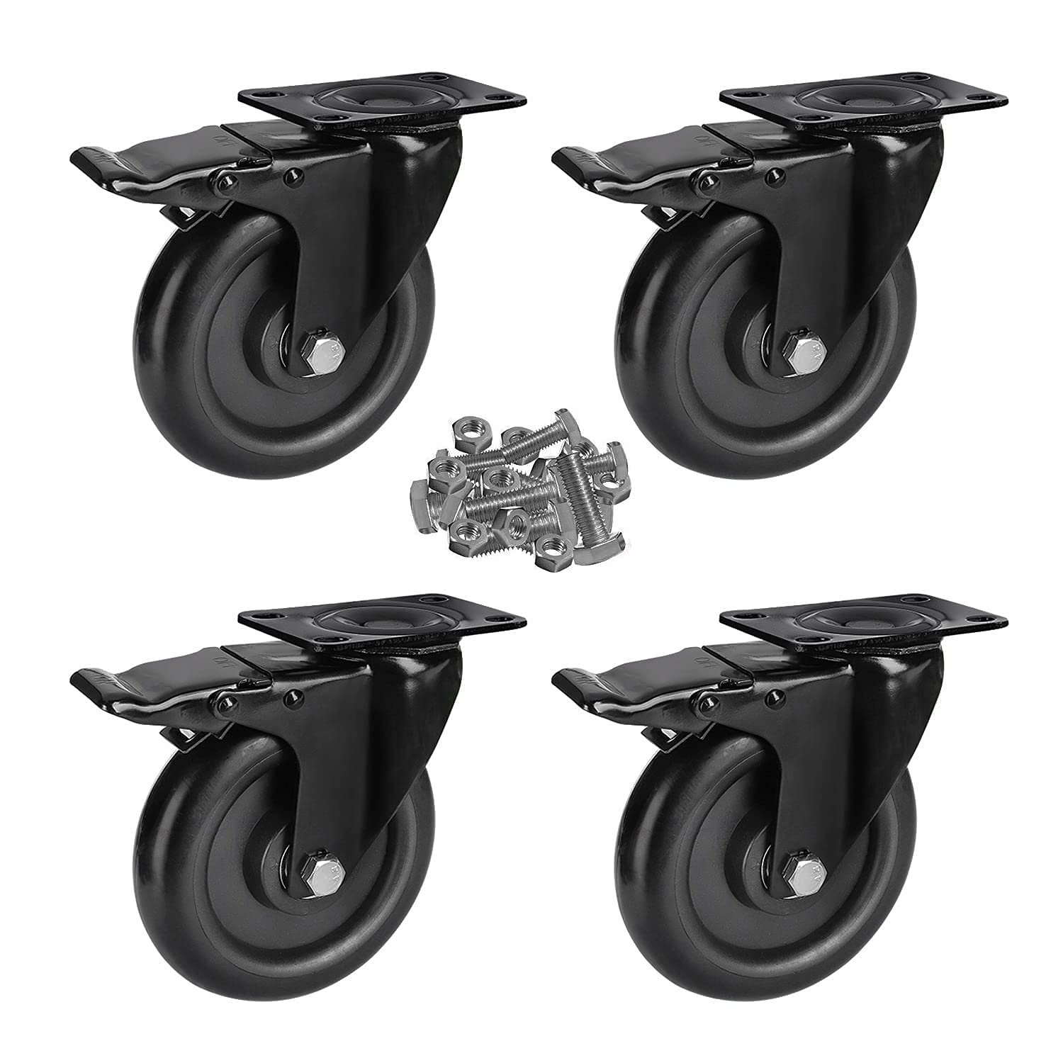 PRITEK 5 inch Heavy Duty Caster Wheels No Noise Swivel Plate Casters with Brake Lock Top Plate and Wheel Fit for Table Cabinet Shelves Industrial Trailer (Bearing 1400lbs, Set of 4)