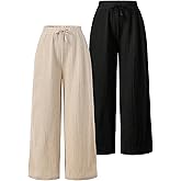 RoseSeek Girl's Linen Pants Elastic Waist Wide Leg Pants Beach Vacation Outfits Palazzo Trousers 2 Packs