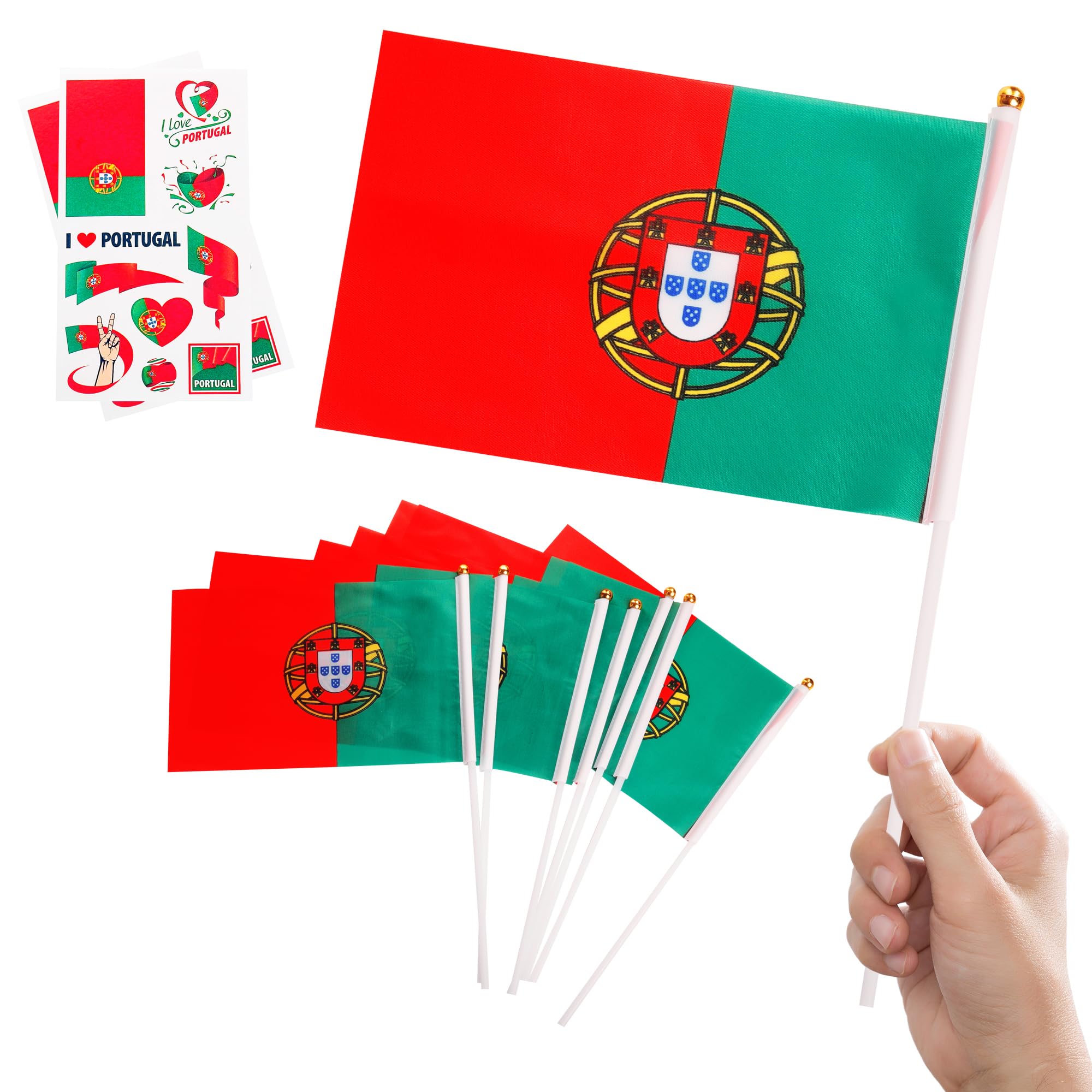 10pcs Mini Portugal Flags on Sticks & 2pcs Tattoos, Small Portuguese Flag Portuguese Decorations Hand Held Flags for World Cup 2026 Football Sports Events Party Decoration, Double-Sided Portugal Flag