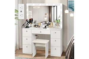 SMOOL Vanity with Lighted Mirror, Makeup Vanity Desk with Power Outlet and LED Bulbs, 3 Color Lighting Modes Adjustable Brightness, 7 Drawers Vanity Table with Cushioned Stool for Women Girls, White