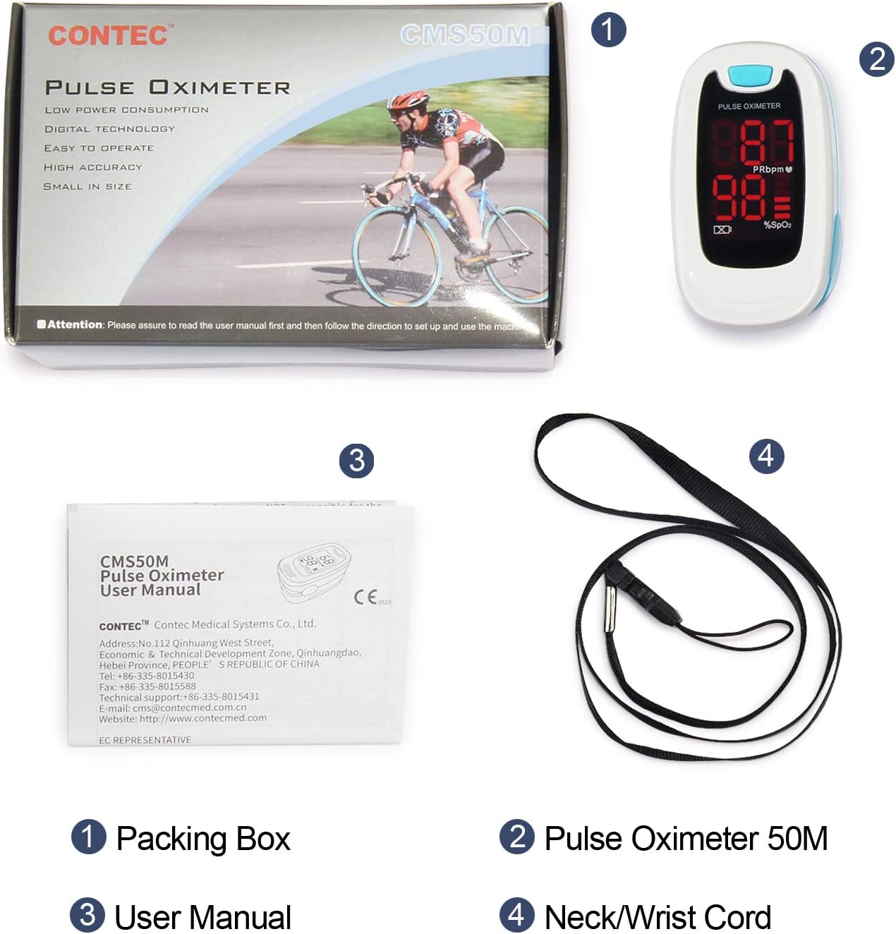 CONTEC LED CMS50M Pulse Oximeter,SpO2 and PR Value Waveform Blood Oxygen, Neck/Wrist Cord: Health & Personal Care