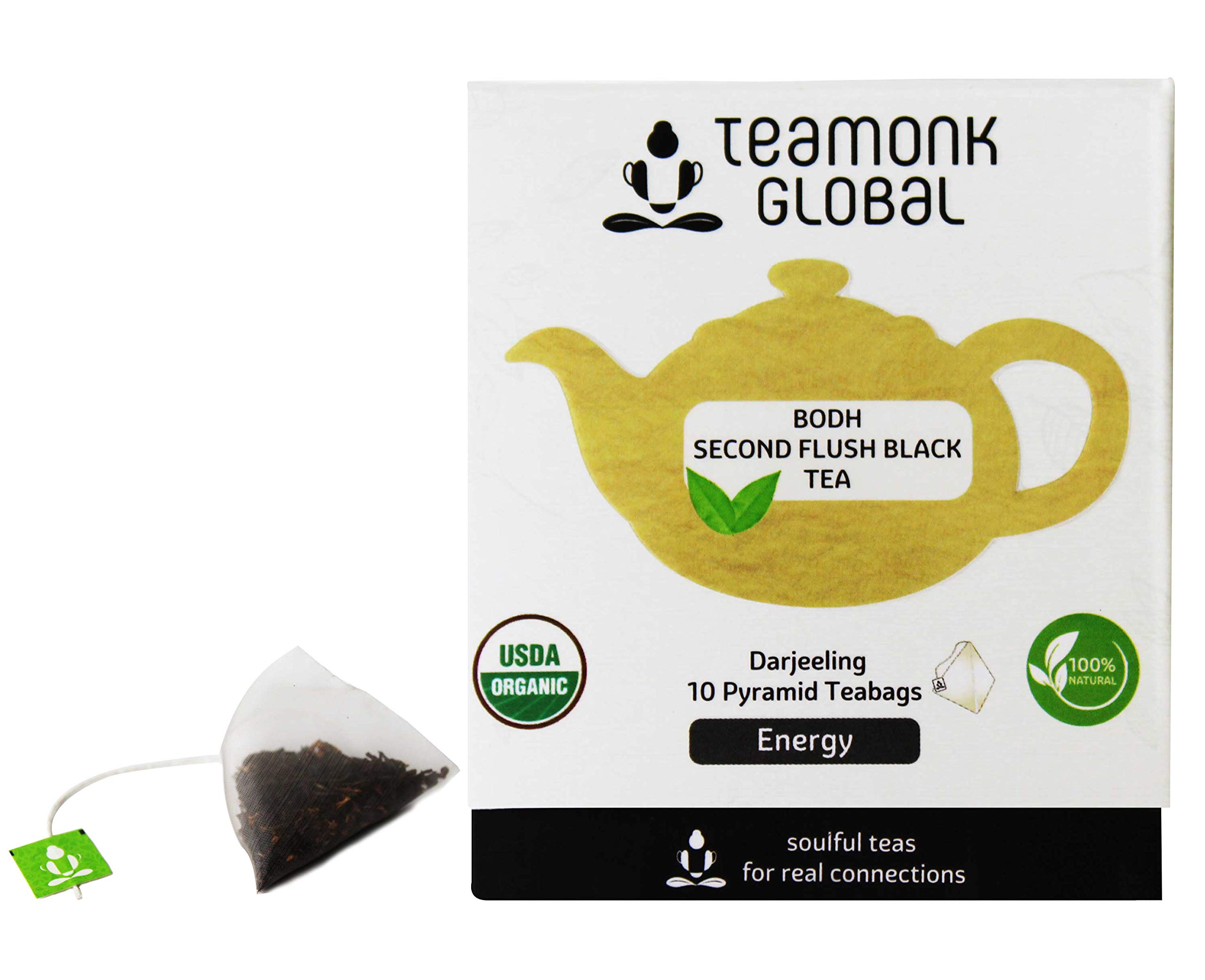 Teamonk Bodh USDA Certified Organic Darjeeling Second Flush Flush Black Tea - 10 Biodegradable Pyramid Tea Bags Filled With Whole Loose Leaves. Boosts Heart Health and Helps reduce Blood pressure