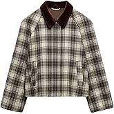 Chevara Women’s Cropped Plaid Jacket Vintage Lapel Collar Long Sleeve Zip Up Outerwear Coat with Pockets